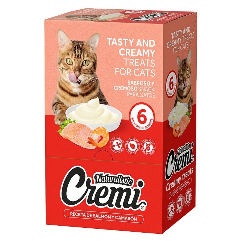 Snack para Gatos Naturalistic Cremi Salmón y Camarones 60gr Pack x 6und en patmo pet