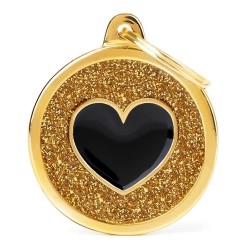 Placa Identificadora My Family Gold Big Glitter Circle Black Heart