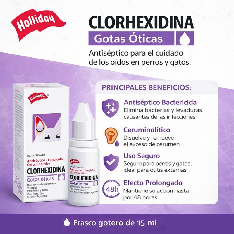 Holliday Clorhexidina Gotas Óticas Para Perros y Gatos 15 ml