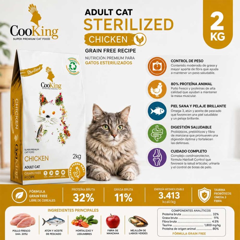 Alimento Cooking Grain Free Gatos Esterilizados Pollo 2kg