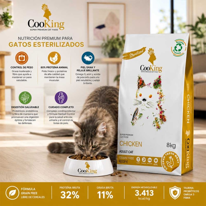 Alimento Cooking Grain Free Gatos Esterilizados Pollo 8kg